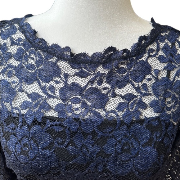 NWT Adriana Papell Navy Lace Overlay Jeweled Belted Formal Dress Gown Size 6 - Picture 10 of 13